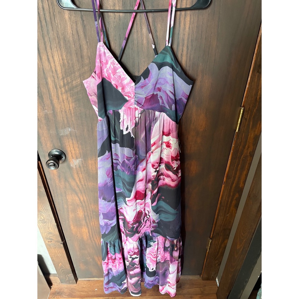 Express Conscious Edit Floral Maxi Dress Purple Pink V-Neck XS Brand New